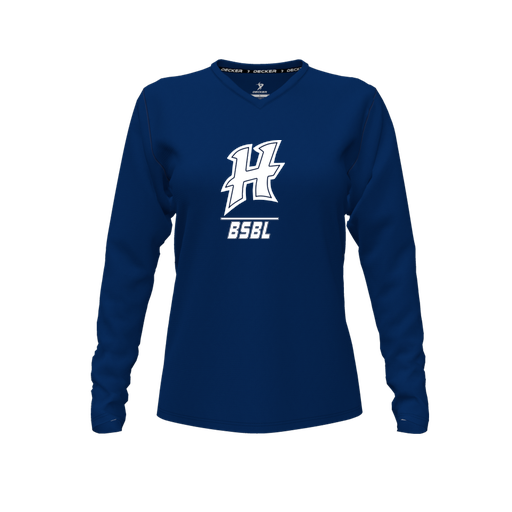 [CUS-DFW-TEES-CMF-VNK-LSL-NVY-FYXS-LOGO1] Decker Comfort T-Shirt (Female Youth XS, Navy, V Neck, Logo 1, Long Sleeve)