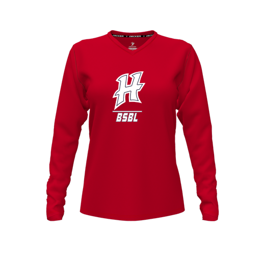 [CUS-DFW-TEES-CMF-VNK-LSL-RED-FYXS-LOGO1] Decker Comfort T-Shirt (Female Youth XS, Red, V Neck, Logo 1, Long Sleeve)