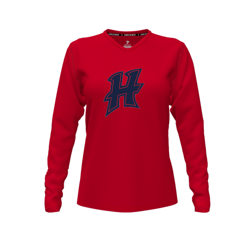 [FTLVCFRD-FYXS-LOGO2] Decker Comfort T-Shirt (Female Youth XS, Red, V Neck, Logo 2, Long Sleeve)