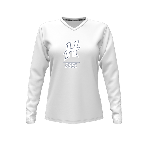 [CUS-DFW-TEES-PER-VNK-LSL-WHT-FYXS-LOGO1] Decker Performance T-Shirt (Female Youth XS, White, V Neck, Logo 1, Long Sleeve)