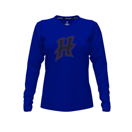 [CUS-DFW-TEES-PER-VNK-LSL-RYL-FYXS-LOGO2] Decker Performance T-Shirt (Female Youth XS, Royal, V Neck, Logo 2, Long Sleeve)